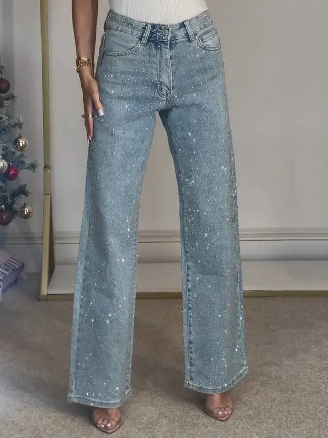 Jeans for Women Straight Diamonds Pants Stretch High Waist Washed Mom Jeans Vintage Denims Streetwear Y2k Streetwear Trousers Aviola