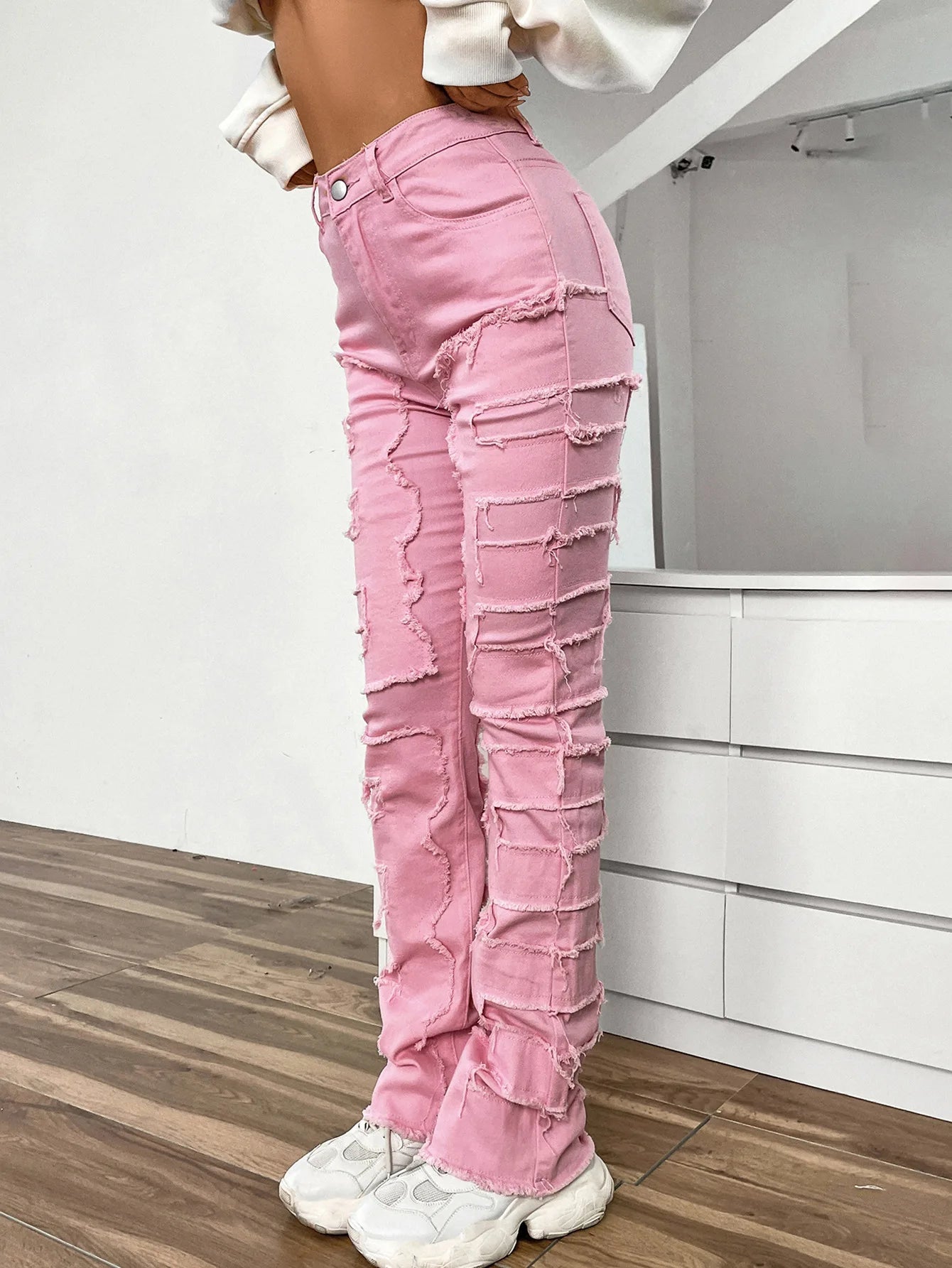Women Jeans Denim Straight Pants Spliced Patchwork High Street Slim Fit Pockets Mid Waist Washing Zipper Slight Srech 2024 Aviola