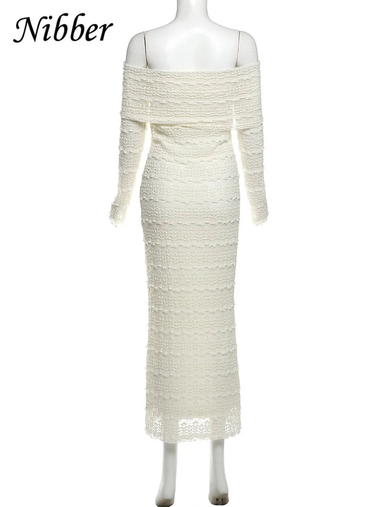 Nibber See Through Vacation Dress Women Jacquard Lapel Slash Neck Backless Full Sleeve Beach Party Elegant Chic Long Bodycon Aviola
