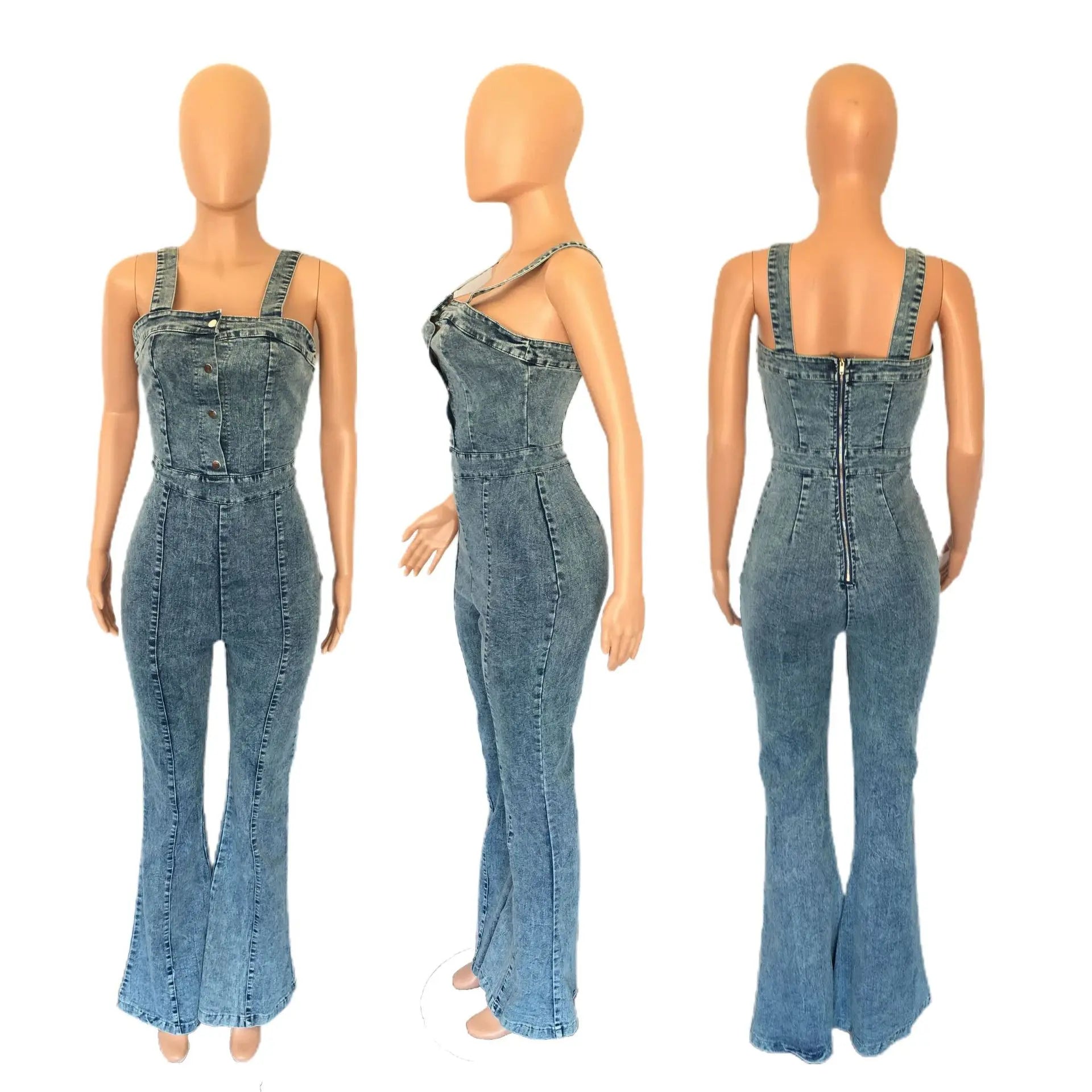 Women Jeans Rompers Sexy Overalls Jumpsuits Square Collar One Piece Solid Flare Pants Ankle Length Baics Spliced Button Aviola