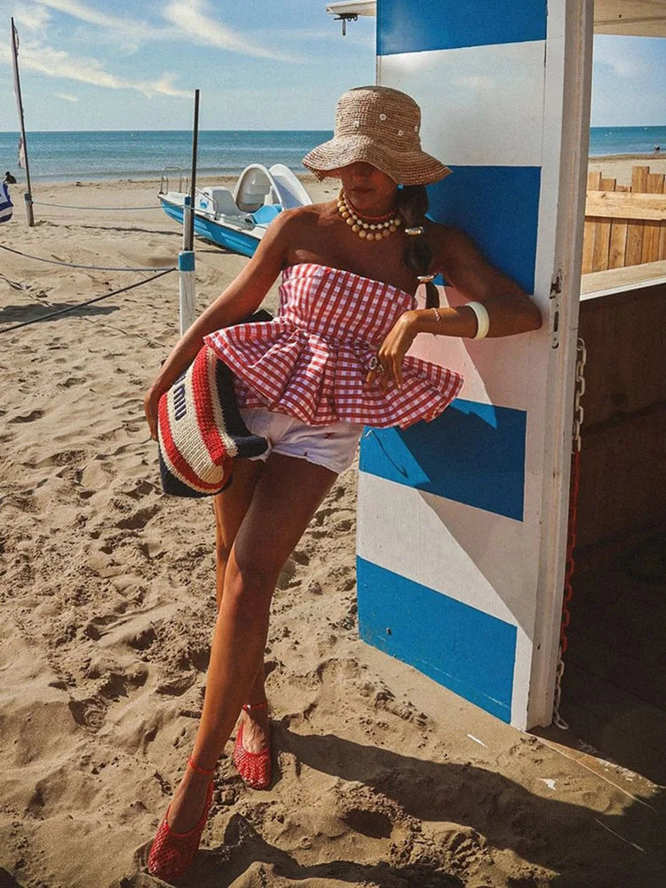 Nibber Red And White Checkered Print Chest Wrap Pleated Fluffy Hem Sleeveless Backless Vacation Versatile Beach Party Trend Tops Aviola