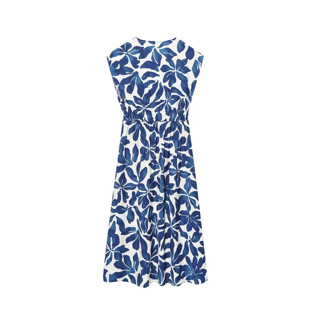 BM&MD&ZA2025niche temperament V-neck sleeveless pleated waist design flower print dress summer new women's clothing Aviola