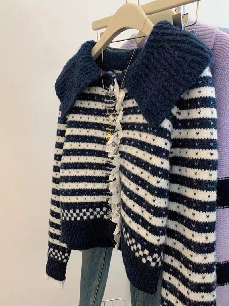MEXZT Vintage Striped Knitted Cardigan Women Harajuku Cropped Sweater Outerwears Korean Lace Patchwork Knitwears Winter Jumpers Aviola