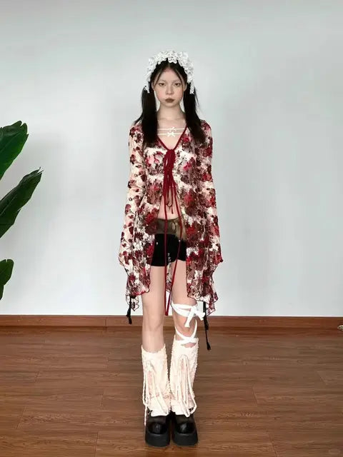 MEXZT Vintage Floral Shirts Women Y2K Aesthetic Lace Bandage Blouses Summer Harajuku V Neck Print Flare Long Sleeve Slim Tops Aviola
