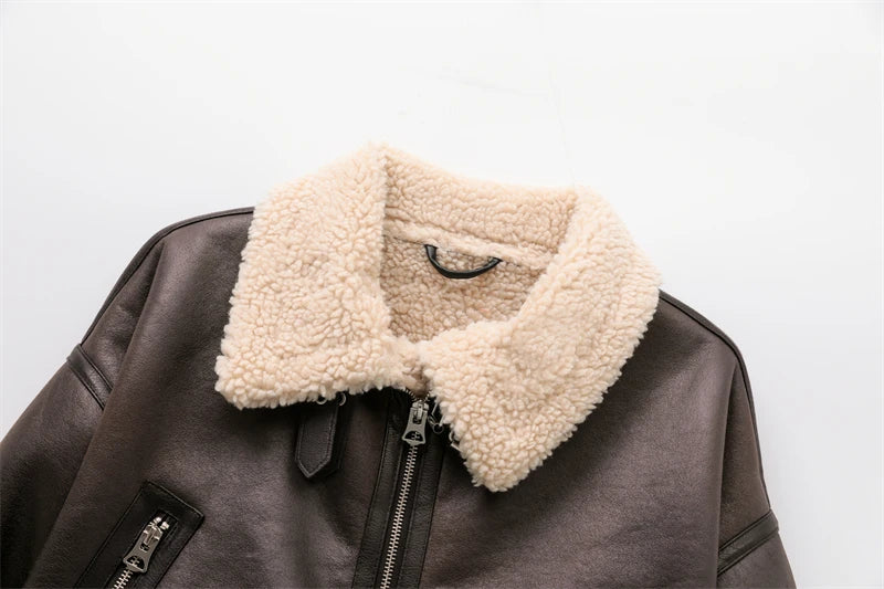 RARF 2024 New Woman's Fashion Thick Warm Faux Shearling Jacket Coat Vintage Long Sleeve Belt Hem Female Outerw Aviola