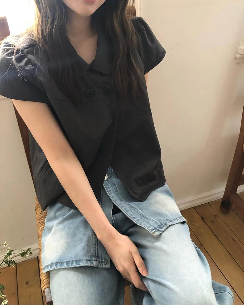MEXZT Vintage Black Shirts Women Japanese Harajuku White Cropped Puff Short Sleeve Blouses Summer Korean Casual Design Tops New Aviola