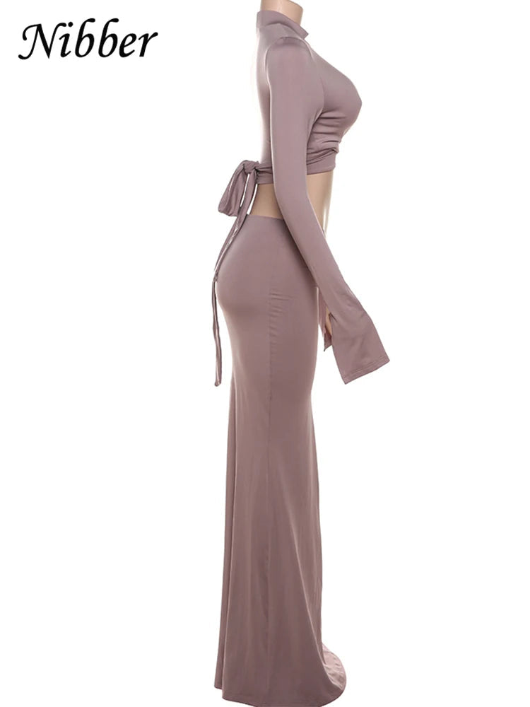 Nibber Elegant Fall 2 Piece Set Women Hollow Cross Bandage Full Sleeve Crop Tops+Ruched Maxi Bodycon Skinny Trend Matching Suits Aviola
