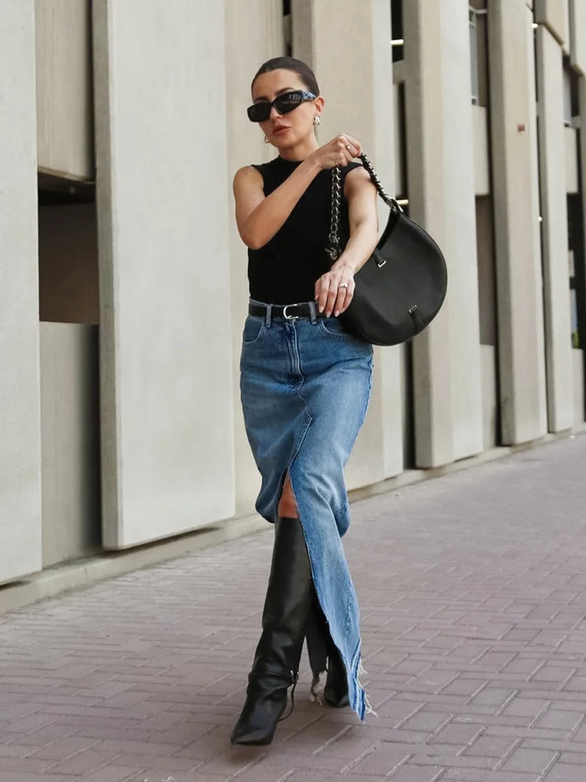 Denim Long Skirt Women Split Skirts Stretch High Waist Pockets Washed Distressed Mom Jeans 2025 Summer Streetwear Vintage A Line Aviola