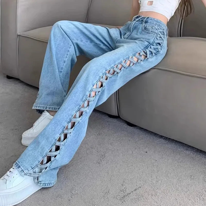 Women Casual Mom Jeans Hollow Out High Waist Trousers Button Zipper Wide Leg Pant Office Lady Loose Spring Club Y2k Streetwear Aviola
