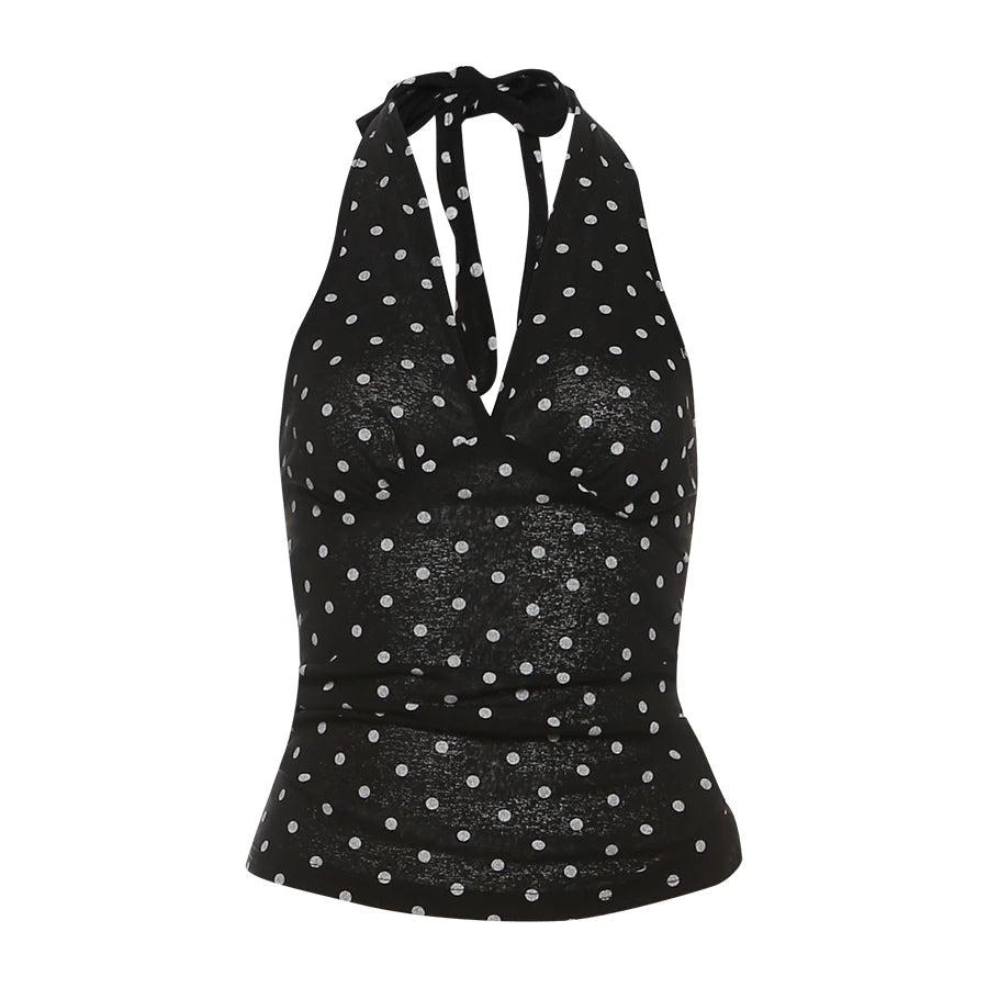 Nibber See Through Vests Women v-Neck Halter Bandage Backless Polka Dot Print Street Sexy Daily Skinny Fashion Hot Chick Tops Aviola
