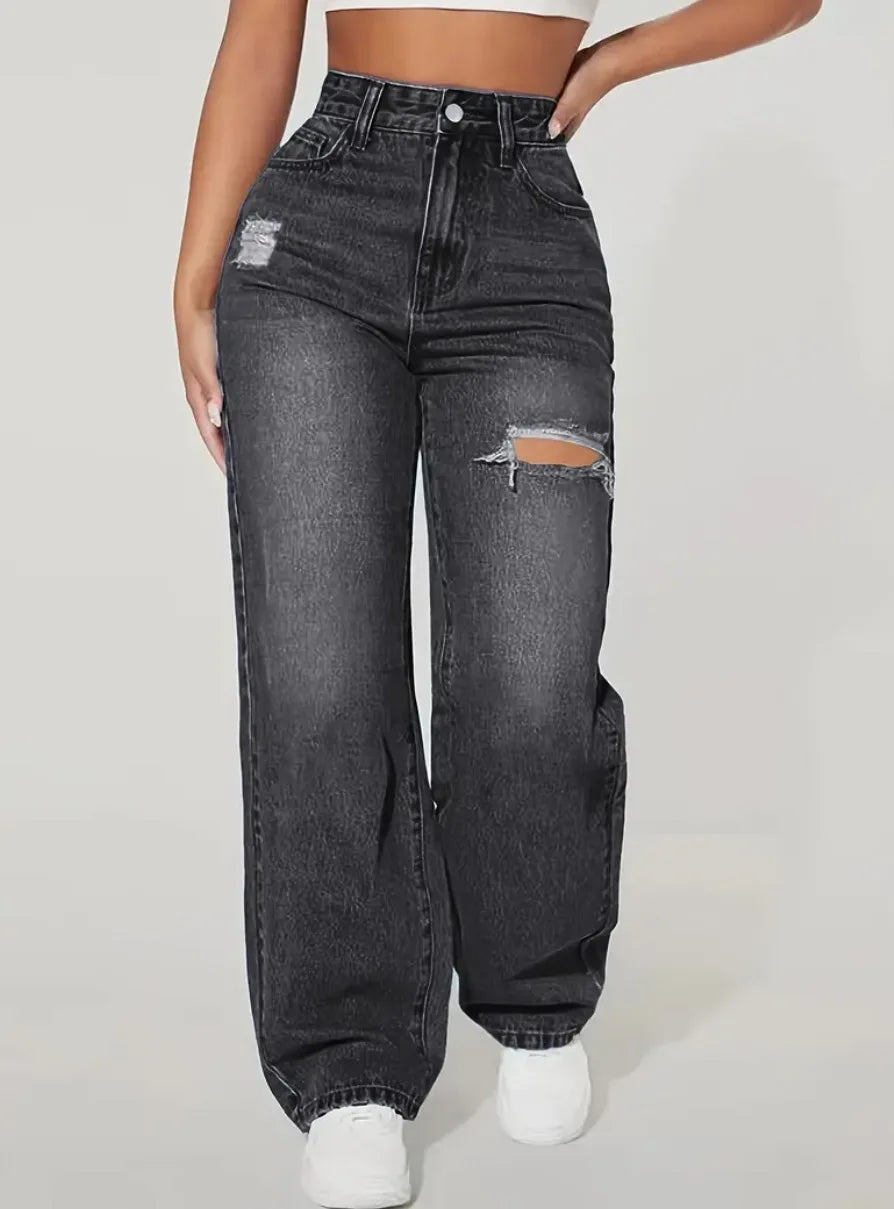 Mom Jeans Women Denim Pant Wide Leg Long Pants Hole High Waist Straight Trousers Y2k Streetwear Work Splice Casual 2025 Punk Aviola