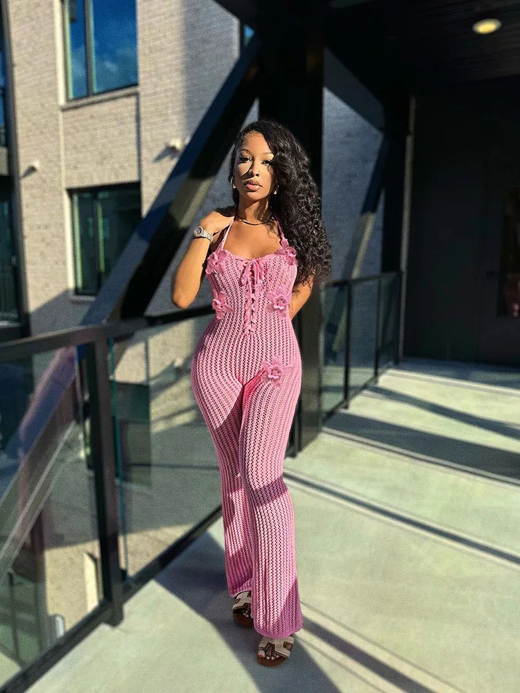 Nibber Knitted Lace-Up Jumpsuit Women Backless Halter Flower Applique Sleeveless 2025 Summer Vacation Trend Classic Overalls Aviola