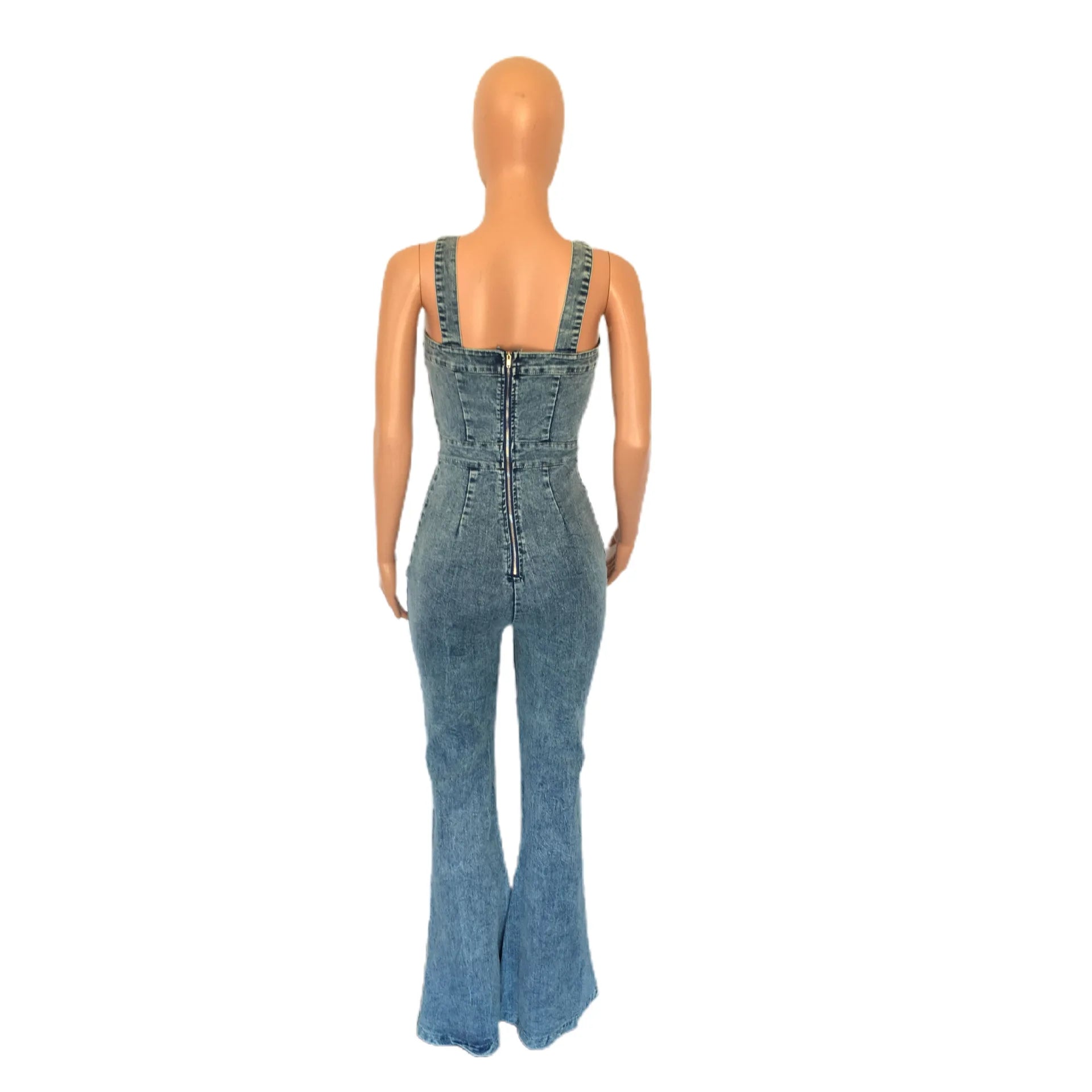Women Jeans Rompers Sexy Overalls Jumpsuits Square Collar One Piece Solid Flare Pants Ankle Length Baics Spliced Button Aviola