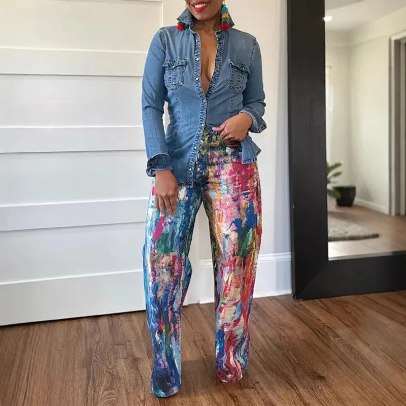 Denim Pant Women Jeans Wide Leg Long Pants Print High Waist Straight Trousers Y2k Streetwear Gothic Elegant Splice Work Casual Aviola