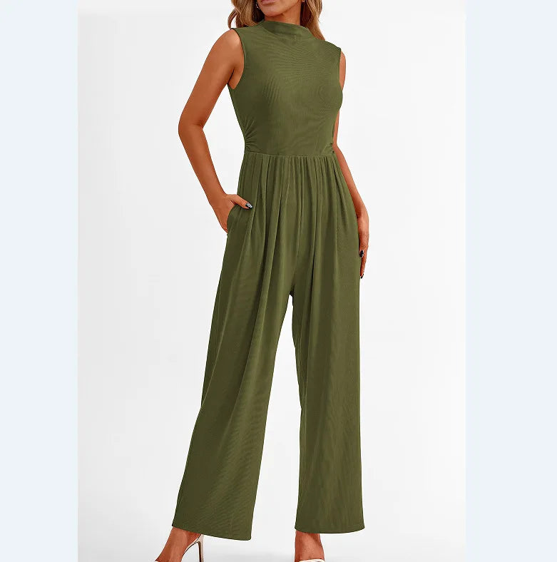 Women Jumpsuits One Piece O Neck Sleeveless Rompers Overalls Solid Wide Leg Pants Pockets High Waist Ankle Length Basics 2025 Aviola
