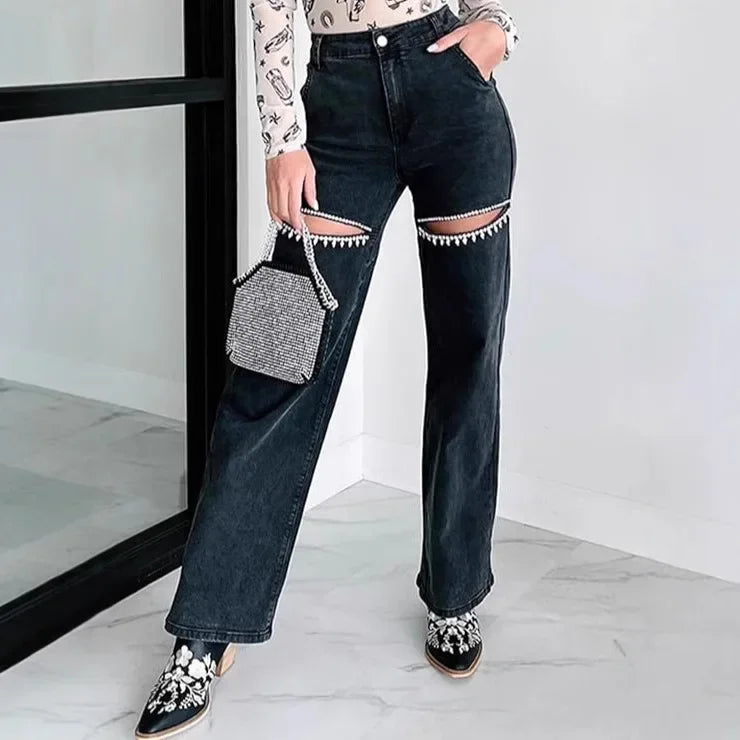 Denim Jeans for Women Streetwear Straight Pants Hole Diamonds Mid Waist Washed Distressed 2025 Casual Mom Ankle Length Trousers Aviola