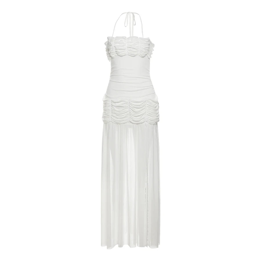Nibber Patchwork Mesh Maxi Dress Women High Slits Folds Halter Bandage Backless Sleeveless Elegant Temperament Banquet Vestidos Aviola