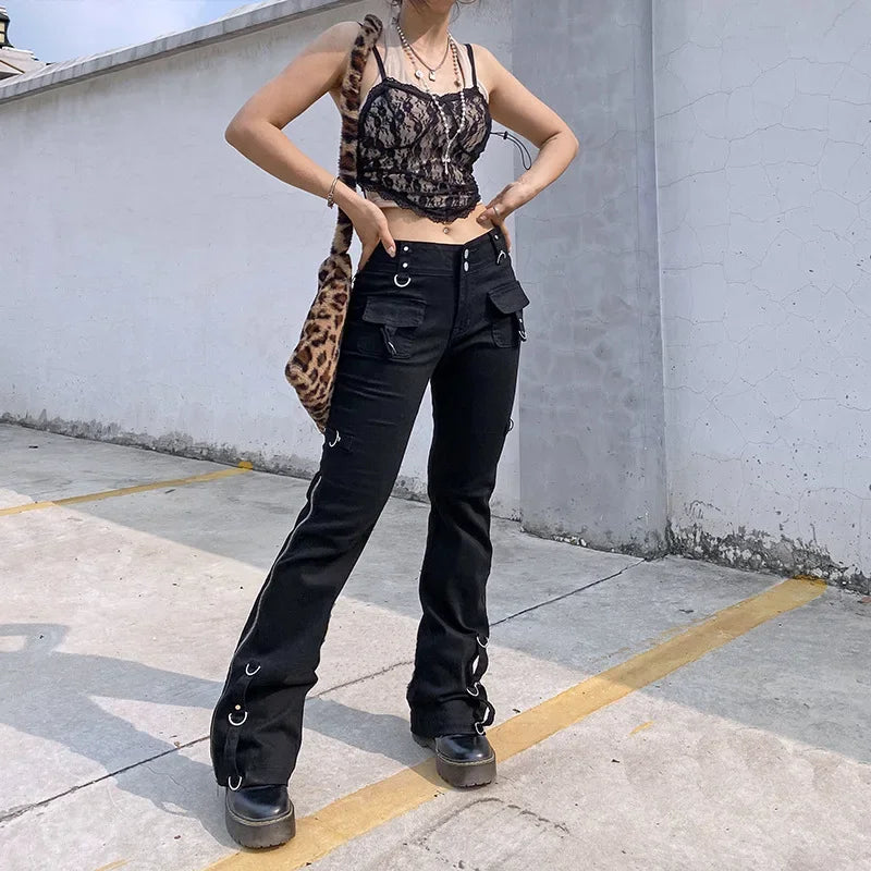 Low Waist Jeans Women Denim Straight Flare Pants Vintage Pockets Zipper Denim Punk 2025 Autumn Streetwear Ankle Length Trousers Aviola