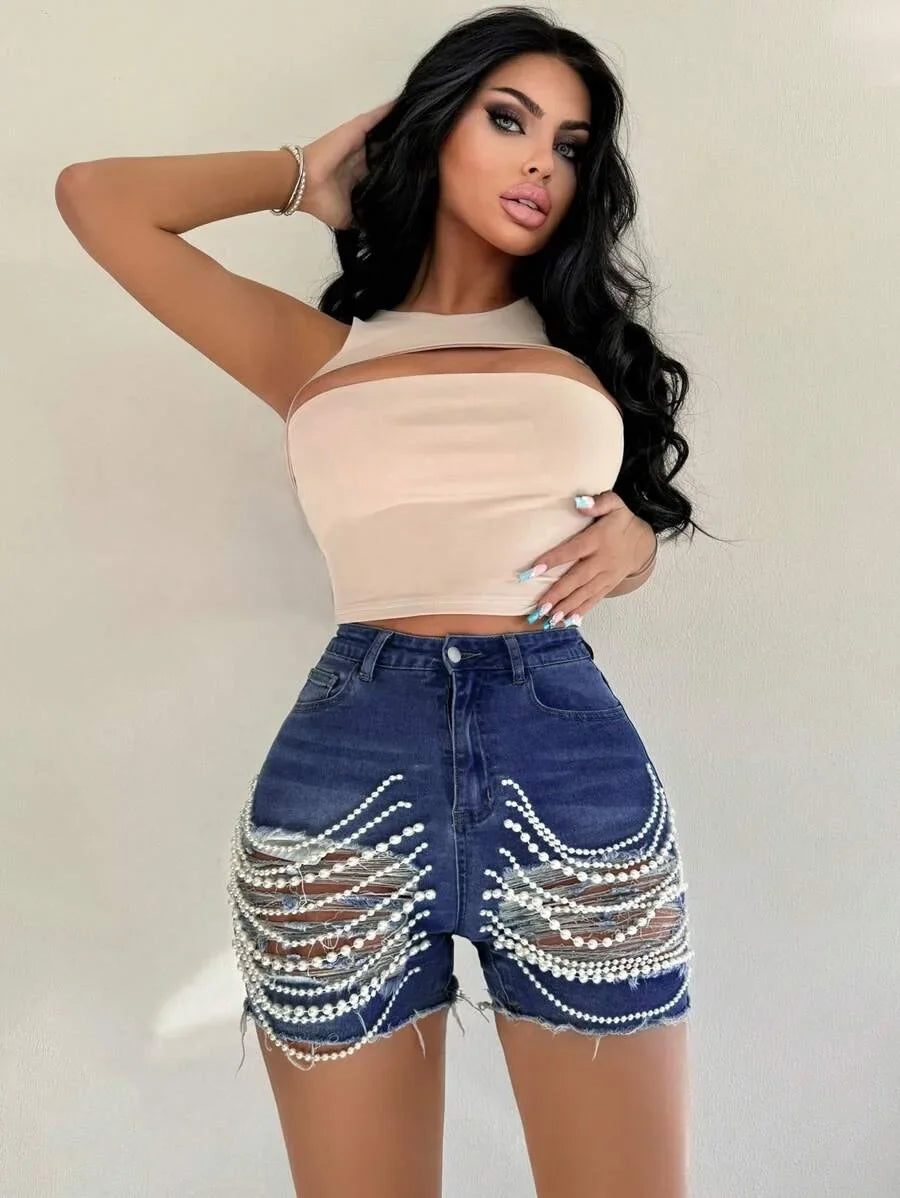 Denim Shorts Women Hole Jeans Ripped Pearl Chain Pockets Sexy Mom Vintgae Party Short Pants High Waist Denims Streetwear 2025 Aviola