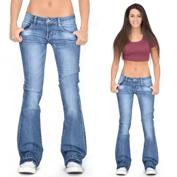 Strecth Jeans Washed Mid Waist Denim Flare Pants Women Streetwear Floor Length Pockets Denims Autumn Female Vintage Trousers Aviola