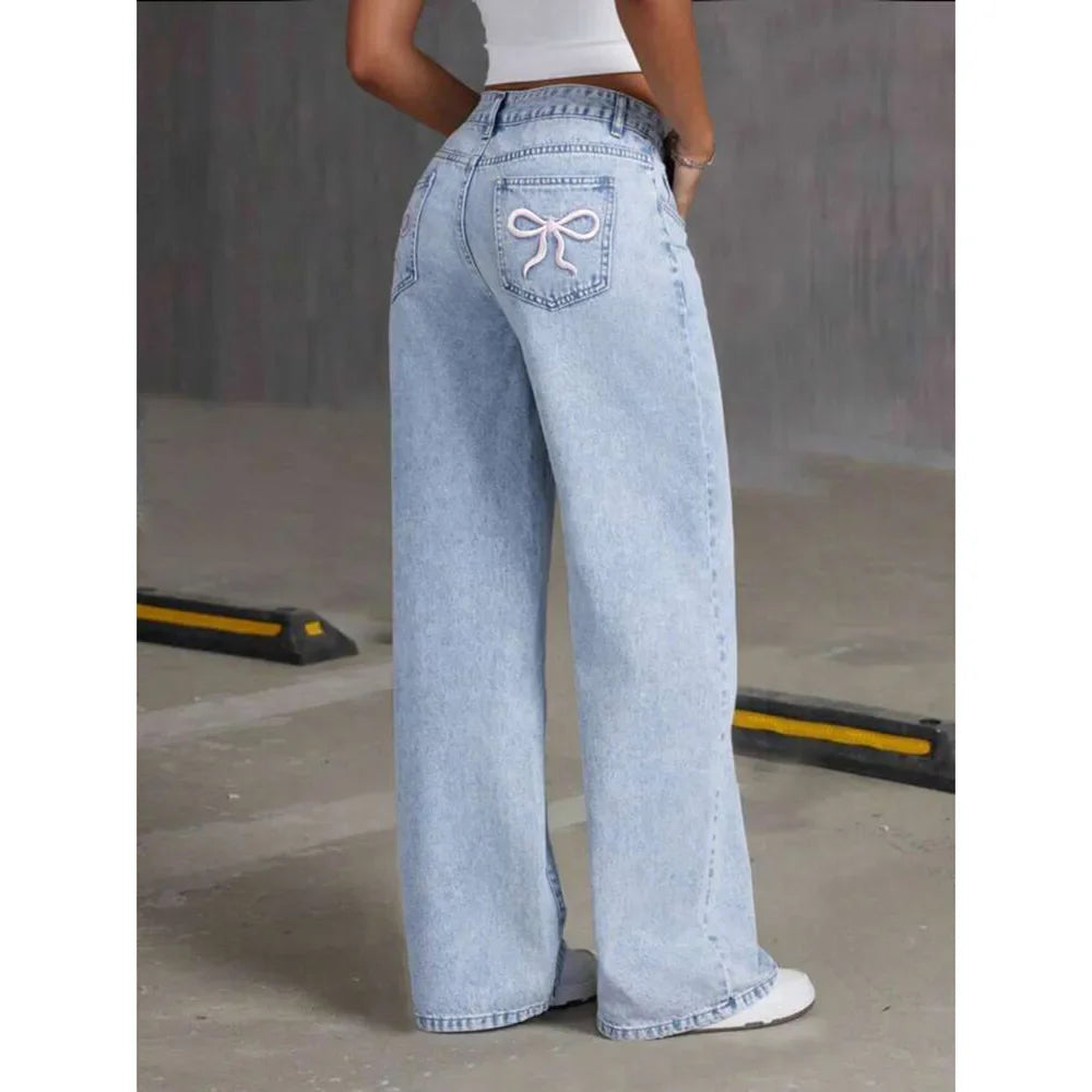 Denim Wide Leg Pants Women Jeans Embroidery High Waist Distressed Washed Mom Pockets Vintage Floor Length Trousers Streetwear Aviola