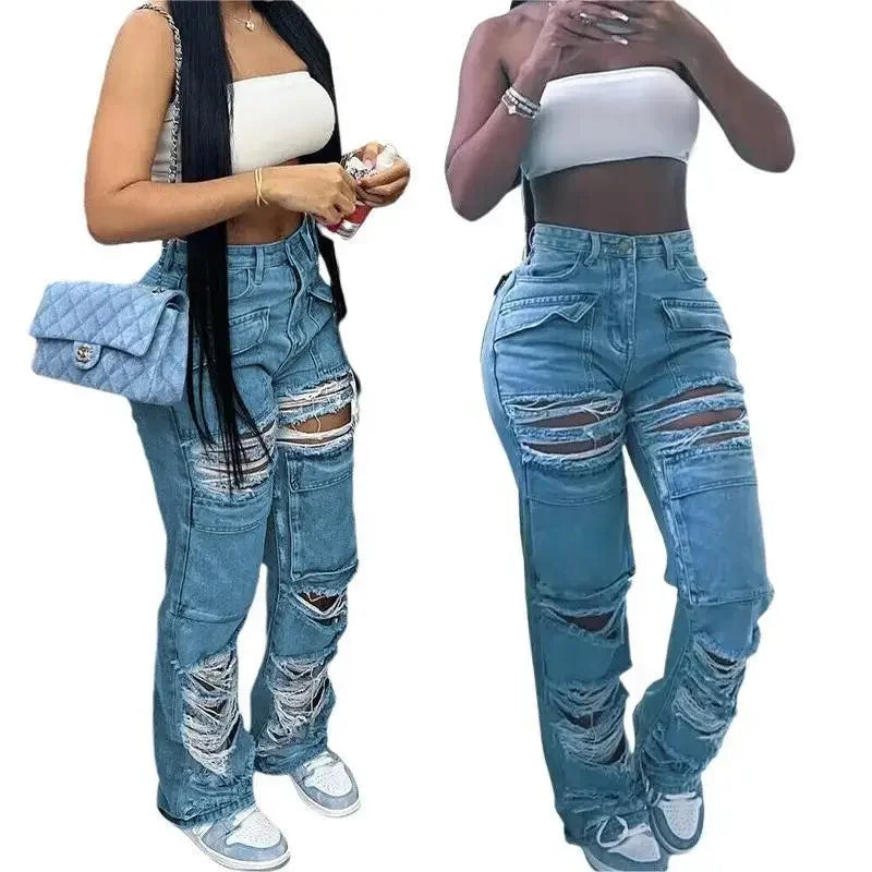 Women Jeans Denim Patchwork Straight Pants Holes Distressed Pockets Washing High Street Low Waist Zipper Fly Flat Winter Aviola
