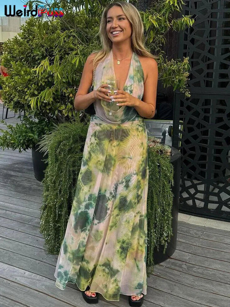 nibber Backless Halter 2Peice Set Woman Print Summer Swinging-Collar Bandage Tank Tops+Mesh Ruffles Tie-Dye Skirt Matching Suit Aviola