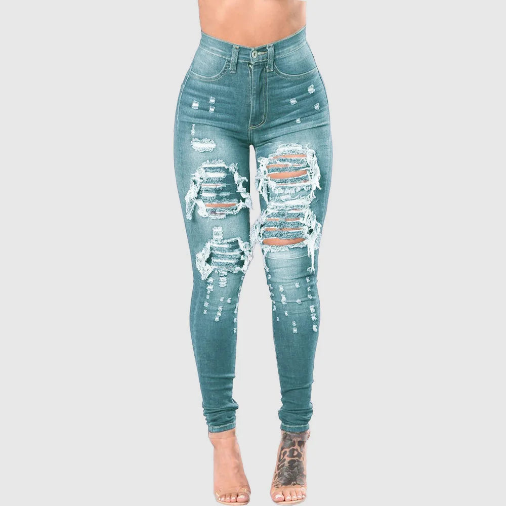Jeans Women Hole Denim Pencil Pants Ripped Skinny Ankle Length Trousers Stretch High Waist Distressed Washed 2025 Streetwear Aviola