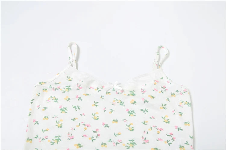 Nibber Floral Prints 2-Piece Set Women Patchwork Bows Low-Neck Suspender Tops+Bandage Loose Trousers Leisure Comfortable Suits Aviola