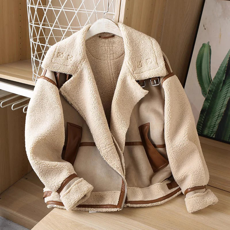 RARF 2025 Autumn Winter Women Warm Faux Fur Fleece Coat Jacket Female Loose Patchwork Thickened Locomotive Lapel Chic Outwear Aviola