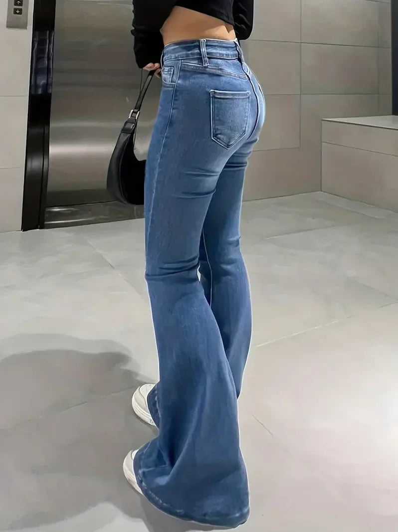 Flare Pants Women Jeans High Waist Streetwear Trousers Skinny Stretch Distressed Washed Pocket 2025 Y2k Mom Jeans Vintage Denims Aviola