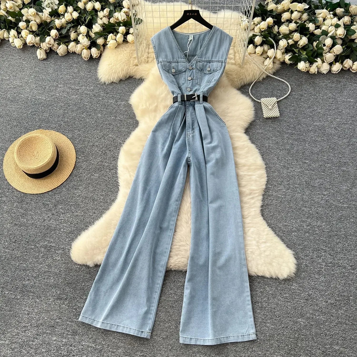 Denim Jumpsuits Women One Piece Wide Leg Pants Washed Distressed Sleeveless Pockets 2025 Streetwear High Waist Jeans Trousers Aviola