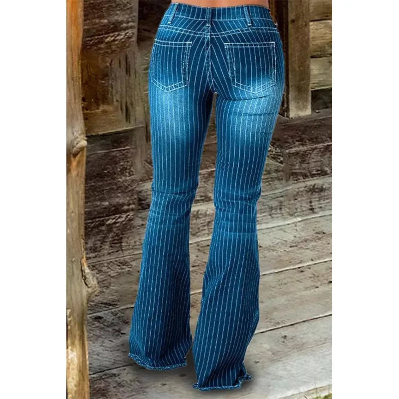 Stripe Jeans Women Mid Waist Flare Pants Ladies Trousers Female Casual Slim 2025 Summer Button High Strecth Elegant Office Lady Aviola