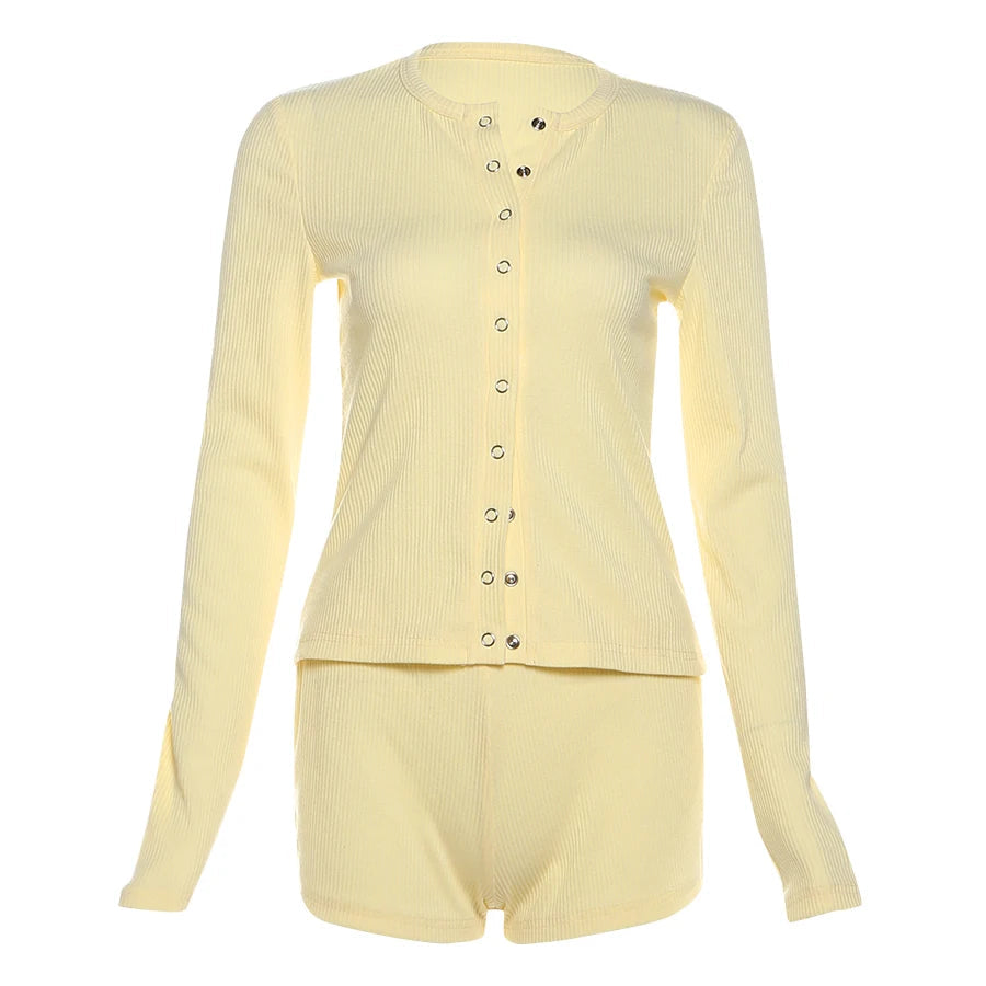 Nibber Stretch 2-Piece Set Women Single-Breasted Long Sleeves o-Neck Blouse+Basis Shorts Leisure Simple Classic Street Suits Aviola