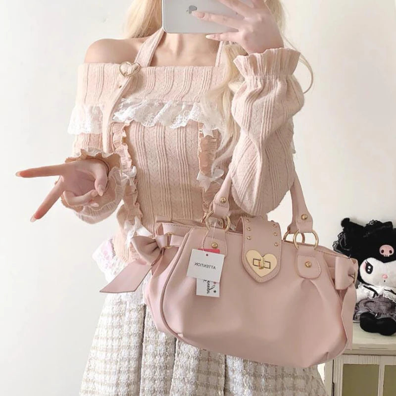 MEXZT Kawaii Pink Slash Neck Sweater Women Lolita Lace Patchwork Knitted Pullovers Y2K Cropped Halter Knitwear Aesthetic Jumpers Aviola
