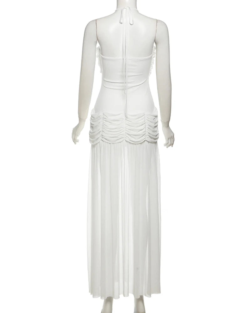 Nibber Patchwork Mesh Maxi Dress Women High Slits Folds Halter Bandage Backless Sleeveless Elegant Temperament Banquet Vestidos Aviola