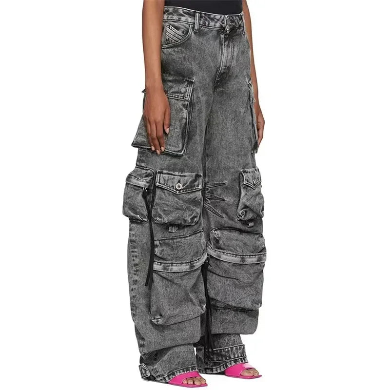 Women Jeans Denim Cargo Pants Long Pant Wide Leg High Waist Button Pockets Streetwear Y2k Mom Straight Trousers Casual Loose Aviola