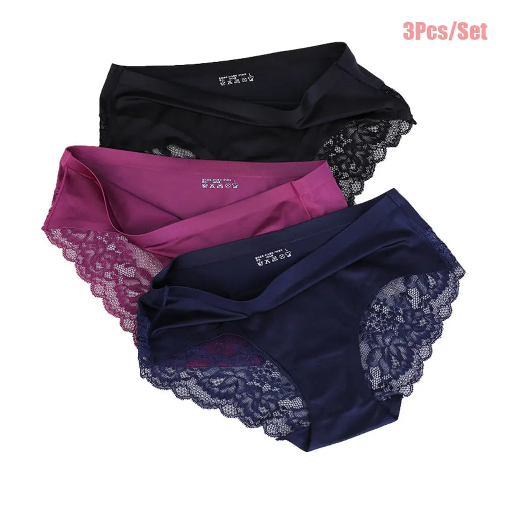 3pcs/Set Women Ice Silk Briefs Sexy Lace Panties Mid-low Waist Female Breathable Underwear M-XXL Aviola