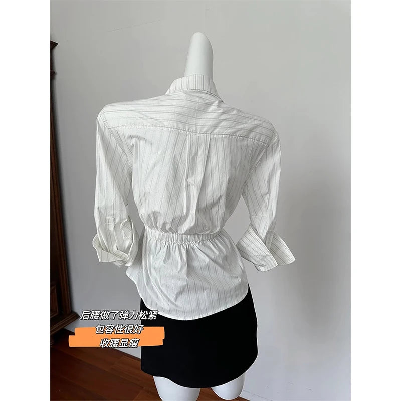 MEXZT Elegant Striped Shirts Women Vintage Irregular Long Sleeve Blouses Office Ladies Korean Chic Buttons Slim Design Tops New Aviola