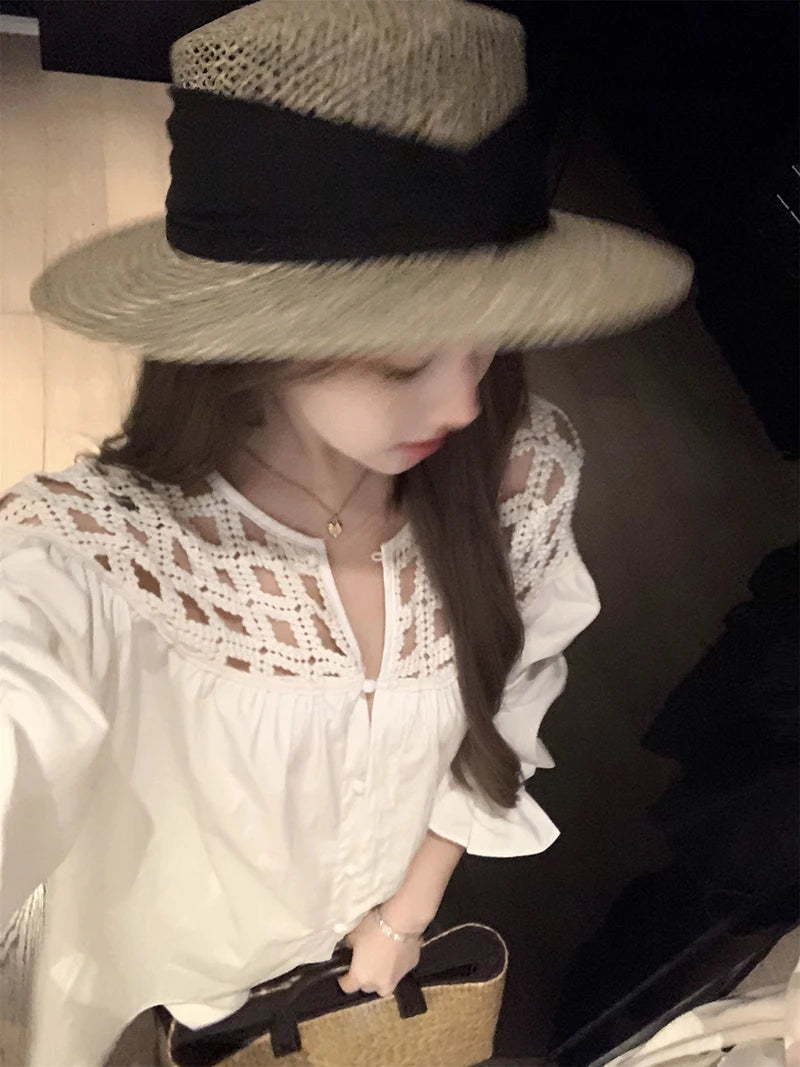 MEXZT Vintage White Shirts Women Streetwear Hollow Out Oversized Blouses Summer Ladies Korean Lantern Long Sleeve Casual Tops Aviola