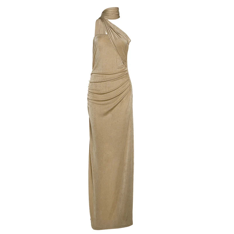Nibber Ruched Backless Dress Women Diagonal Collar Single Shoulder Strap Tassel Elegant Temperament Stretch Trend Long Bodycon Aviola