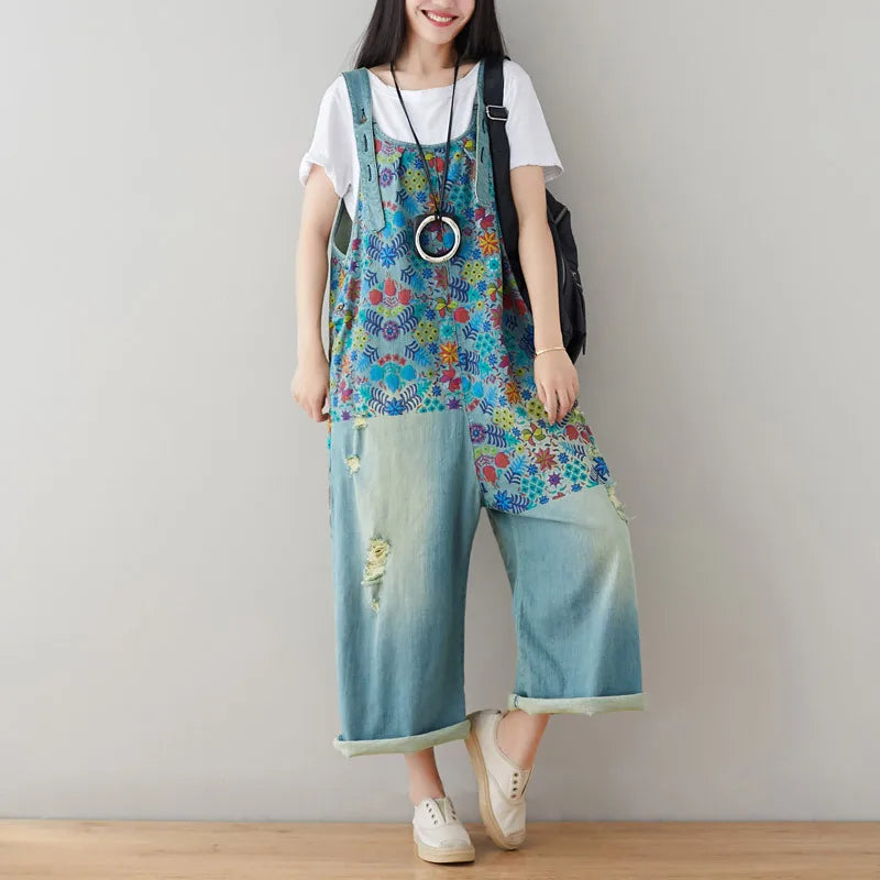 Jean Women Overalls Washed Denim Bleached Wide Leg Pants Hole Ripped Ankle Length Jeans Distressed Pockets Print Casual Aviola