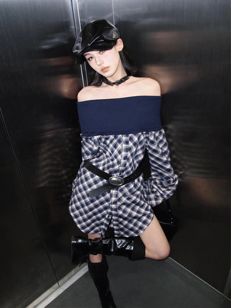 MEXZT Vintage Plaid Shirts Women Y2K Harajuku Sexy Slash Neck Patchwork Blouses Gyaru Korean Long Sleeve Casual Design Tops New Aviola