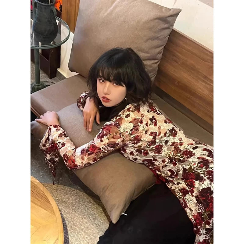 MEXZT Vintage Floral Shirts Women Y2K Aesthetic Lace Bandage Blouses Summer Harajuku V Neck Print Flare Long Sleeve Slim Tops Aviola