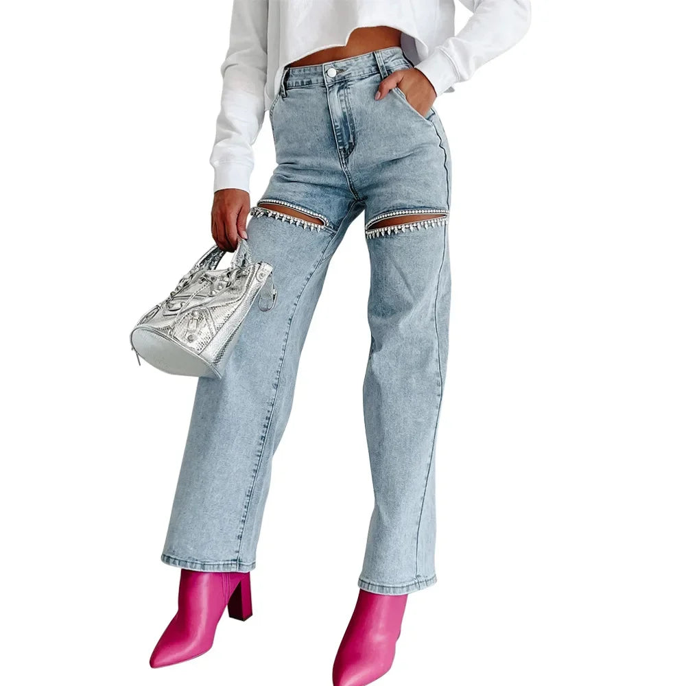 Denim Jeans for Women Streetwear Straight Pants Hole Diamonds Mid Waist Washed Distressed 2025 Casual Mom Ankle Length Trousers Aviola