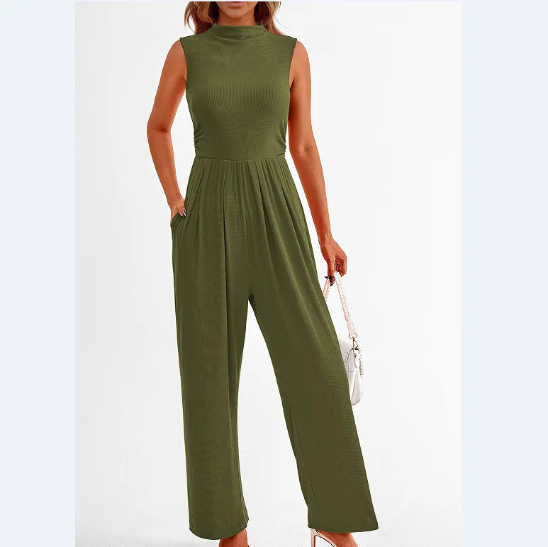 Women Jumpsuits One Piece O Neck Sleeveless Rompers Overalls Solid Wide Leg Pants Pockets High Waist Ankle Length Basics 2025 Aviola