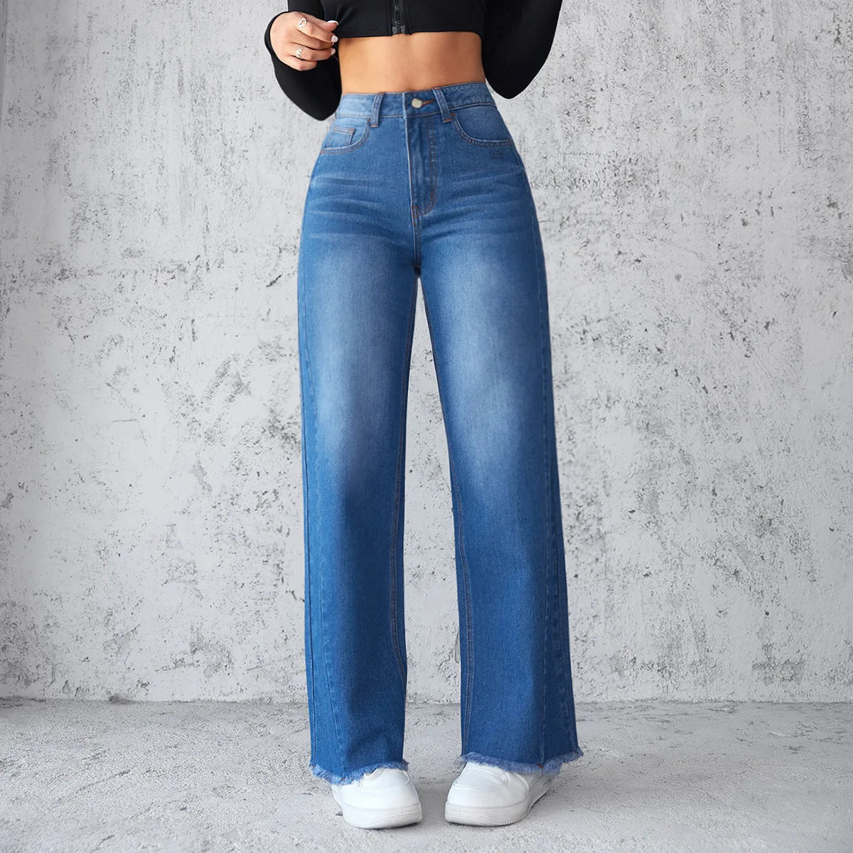 Washed Distressed Denim Straight Pants Vintage Women Jean Pockets High Waist Loose Fit Ankle Length Wide Leg Pants Basics Aviola