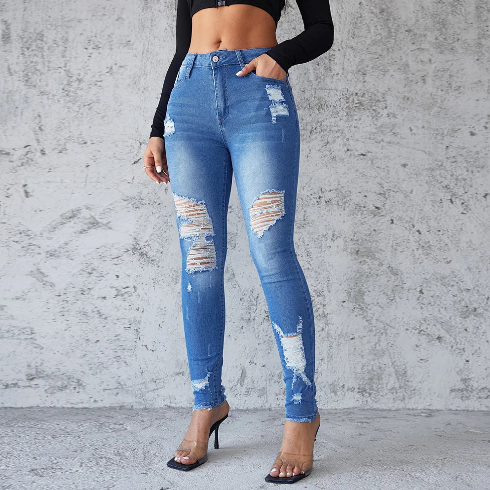 Ankle Length Ripped Hole High Waist Jean Sheath Pencil Denim Pants Skinny Solid Pockets Streetwear Distressed Vintage Slim Aviola