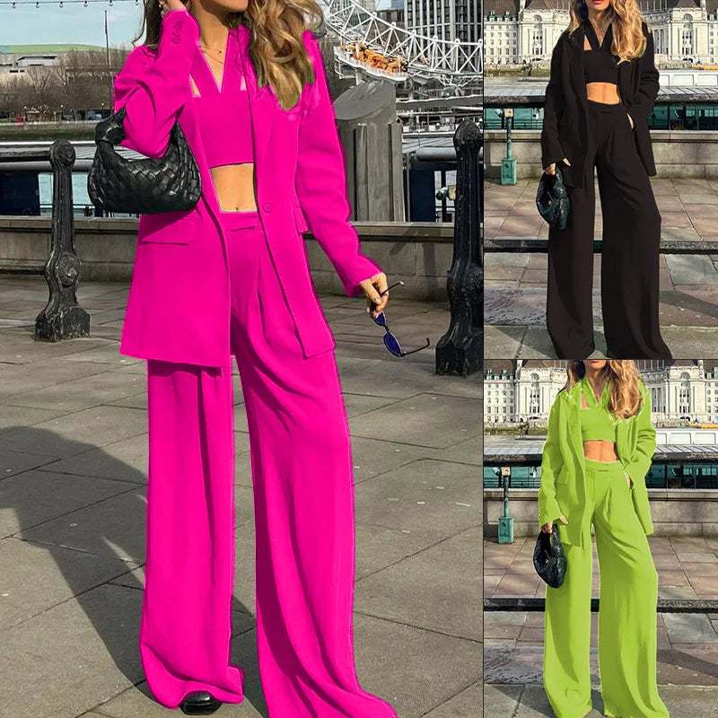 Women Tracksuit Three Pieces Set Turn Down Collar Cardigan Single Button Solid Outerwear Pockets Wide Leg Pants Office Lady Aviola