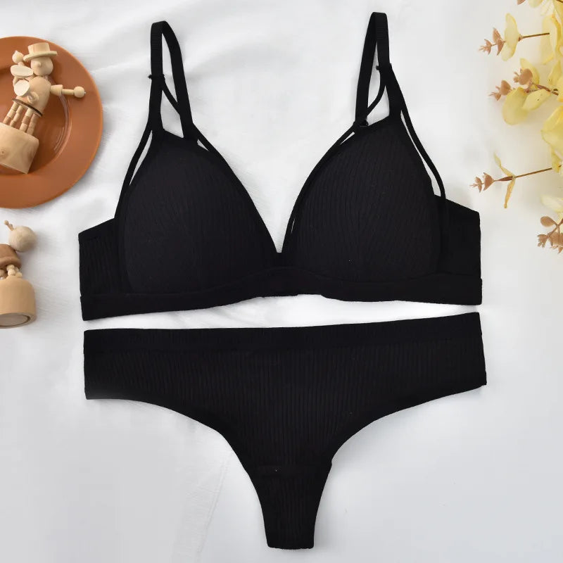 Push Up Bra Non-Wire Brassiere Low Waist Thongs Women Cotton Lingerie Set Padded Bralette Female Sexy Underwear Set Aviola